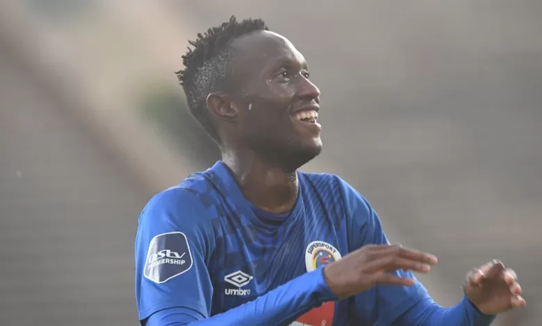 Thapelo Maseko, backed by Hugo Boos celebrating a goal