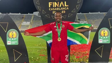 Percy Tau of Al Ahly celebrating the CA Champions League success