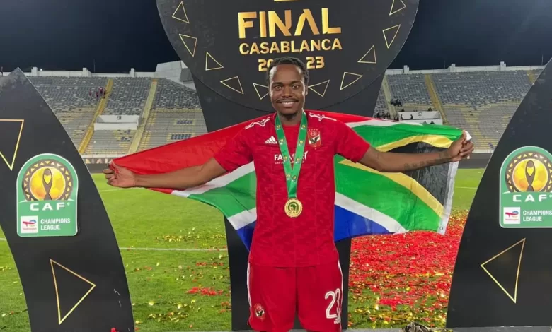 Percy Tau of Al Ahly celebrating the CA Champions League success