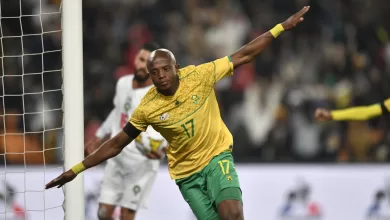 Zakhele Lepasa celebrating his goal for Bafana Bafana against Morroco at FNB Stadium