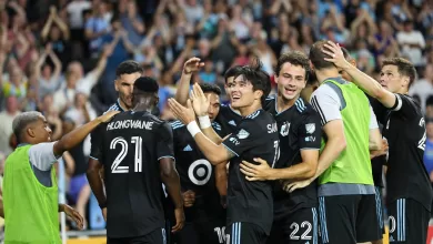 Minnesota United players while celebrating a goal against Portland Timbers.