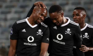 Orlando Pirates players celebrating Tshegofatso Mabasa's goal