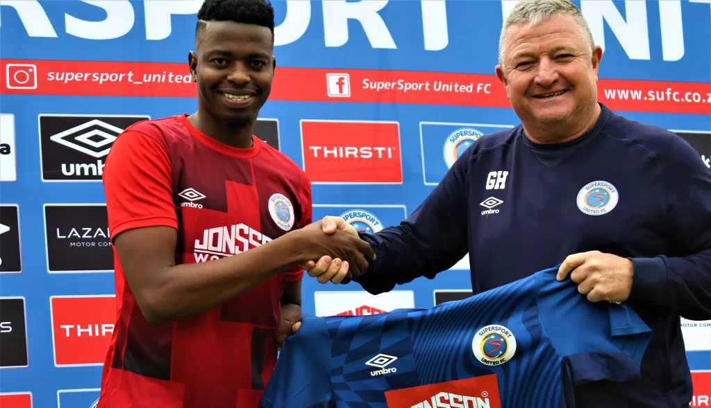 SuperSport United midfielder Phathutshedzo Nange with coachGavin Hunt