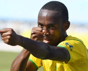 Peter Shalulile of Mamelodi Sundowns celebrating DStv Premiership goal