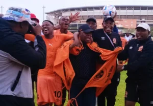 Polokwane City players celebrating promotion to the DStv Premiership