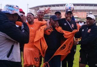 Polokwane City players celebrating promotion to the DStv Premiership