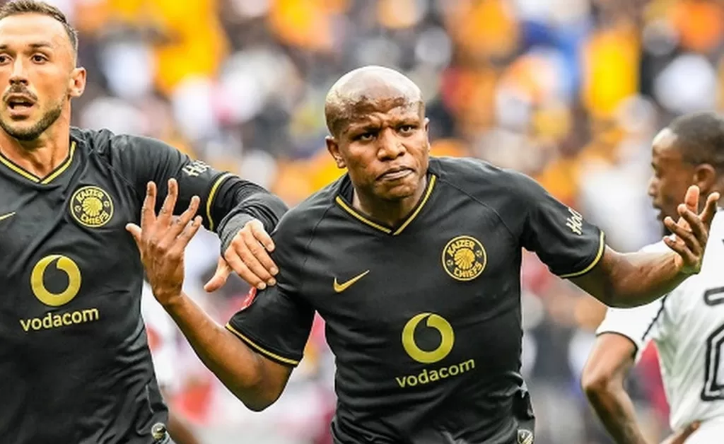 Former Kaizer Chiefs stars Lebogang Manyama celebrating a goal with Samir Nurkovic