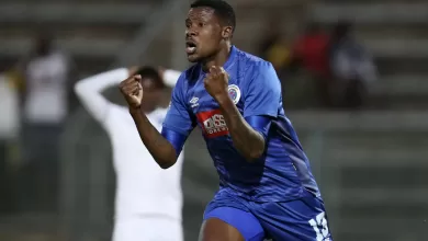 Thamsanqa Gabuza celebrating a goal in SuperSport United colours