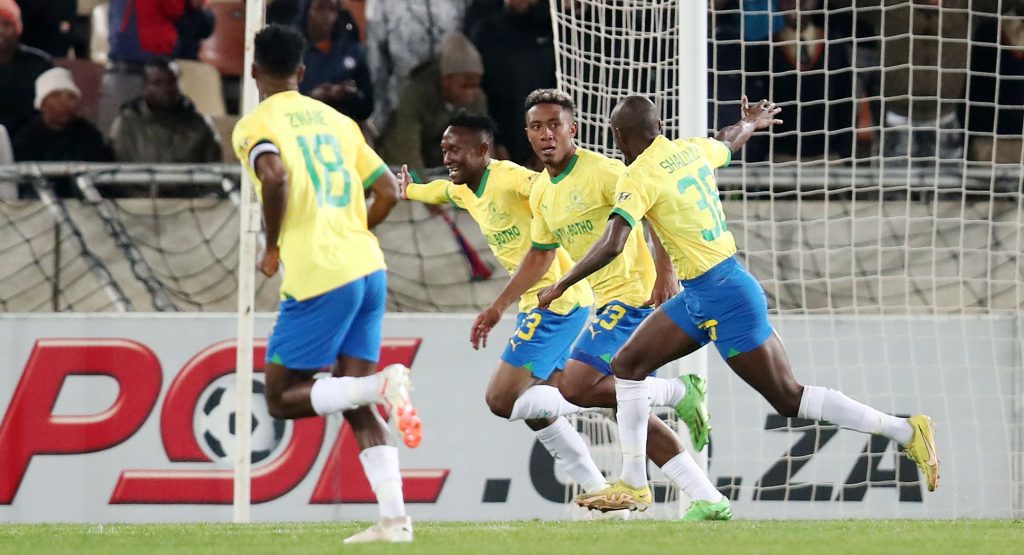 Mamelodi Sundowns celebrating a goal against Sekhukhune United in the DStv Premiership