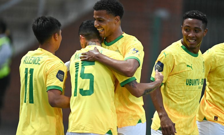 Mamelodi Sundowns players celebrating after scoring against Richards Bay FC