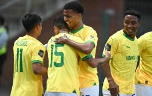 Mamelodi Sundowns players celebrating after scoring against Richards Bay FC