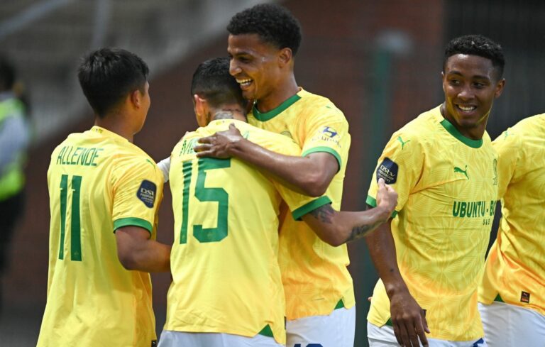 Mamelodi Sundowns players celebrating after scoring against Richards Bay FC