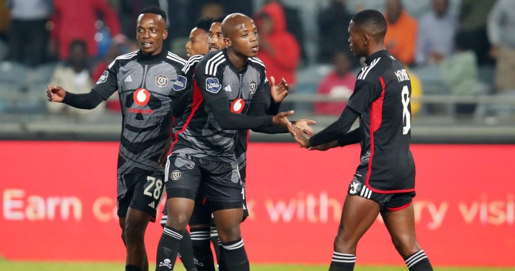 Orlando Pirates celebrating a goal against Royal AM in the DStv Premiership