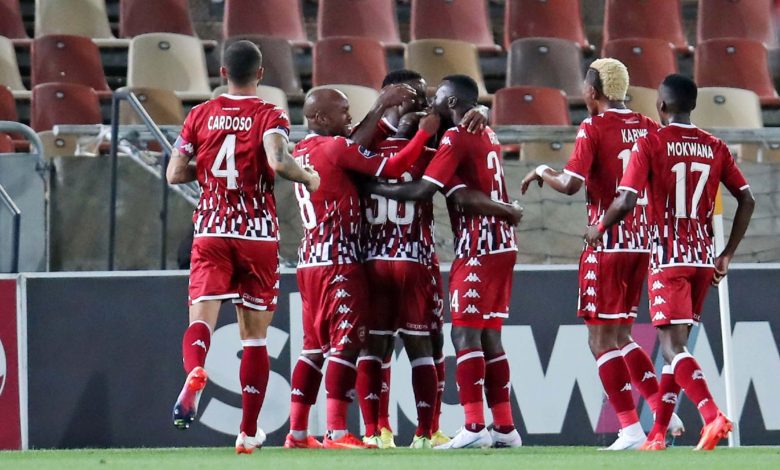 Sekhukhune United players celebrating a DStv Premiership goal