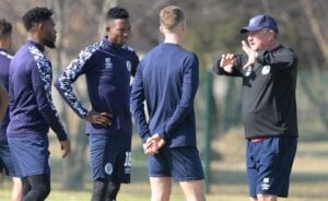 Gavin Hunt with his SuperSport United players at training