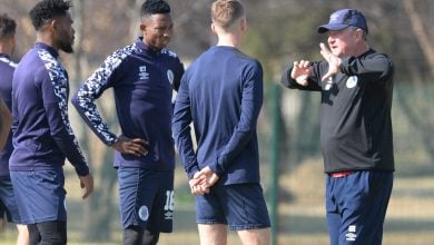 Gavin Hunt with his SuperSport United players at training