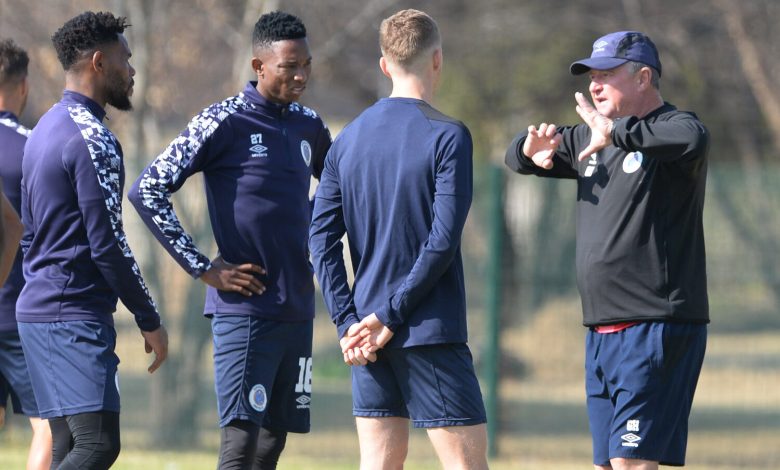 Gavin Hunt with his SuperSport United players at training