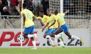 Mamelodi Sundowns players Lucas Ribeiro, Thapelo Maseko and Peter Shalulile as they beat Kaizer Chiefs