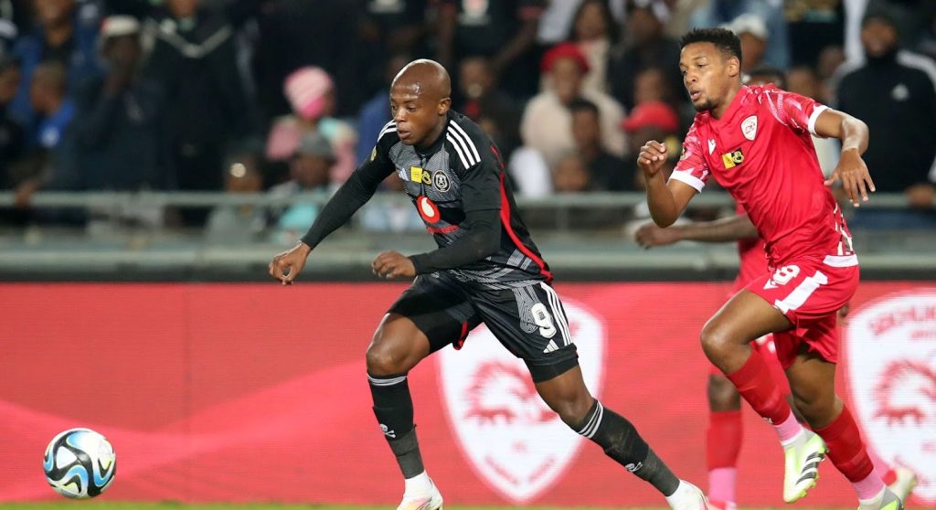 Zakhele Lepasa of Orlando Pirates in action against Sekhukhune United