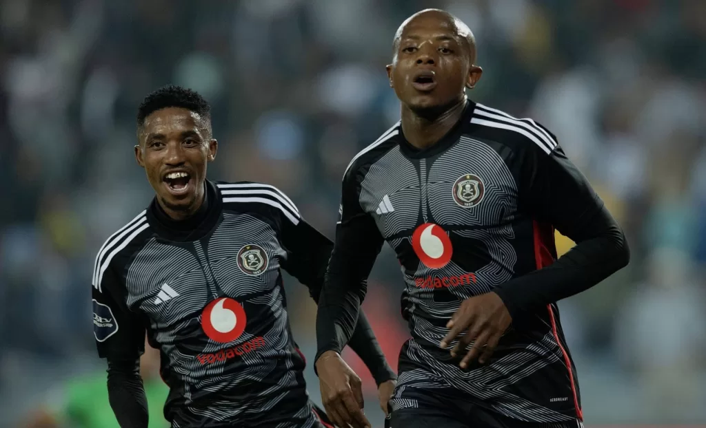 Zakhele Lepasa and Monnapule Saleng celebrating a goal