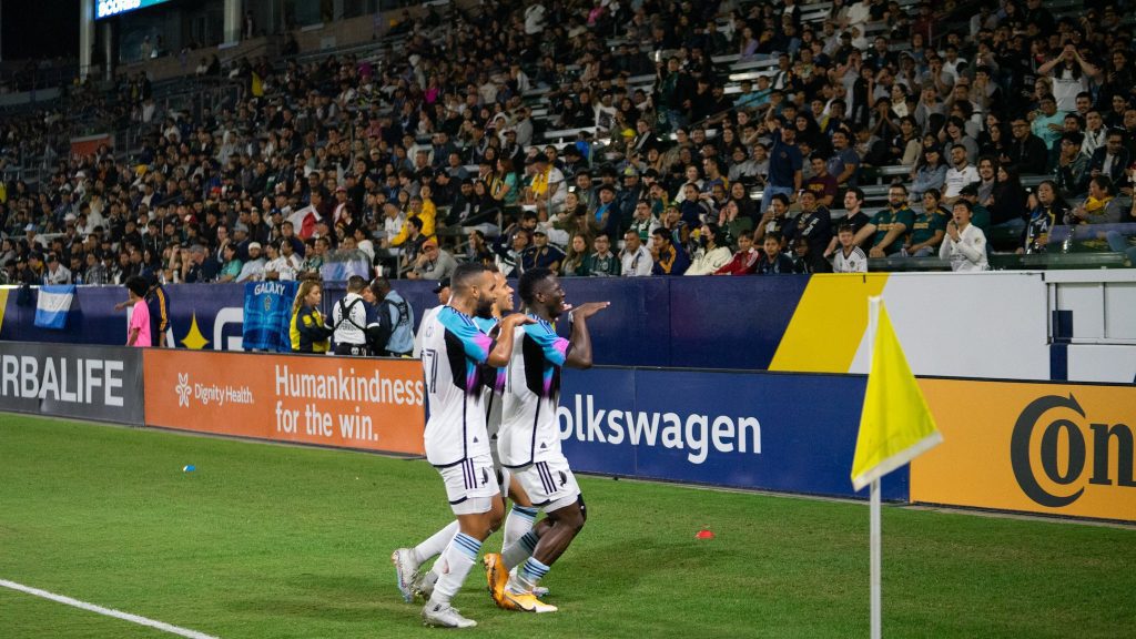 Minnesota United's Bongokuhle Hlongwane celebrates his Major League Soccer goal with teammates.