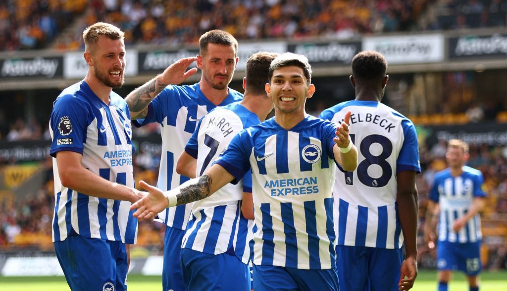 Brighton Hove and Albion players celebrate a goal