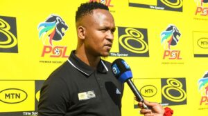 Brilliant Khuzwayo addressing the media during a MTN8 event