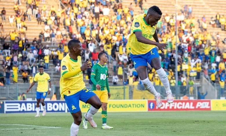 Lesiba Nku icelebrating a goal in the DStv Premiership for Mamelodi Sundowns