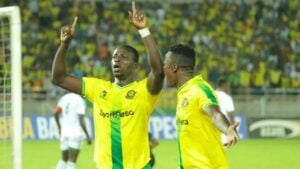 Michael Sarpong celebrating goal with Yanga SC teammate