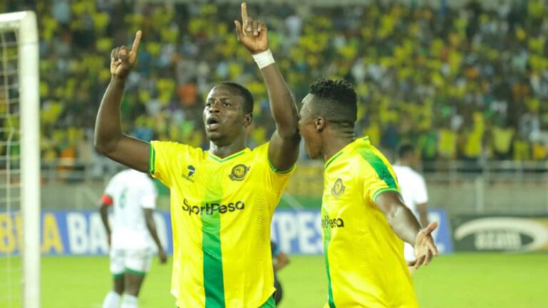 Michael Sarpong celebrating goal with Yanga SC teammate