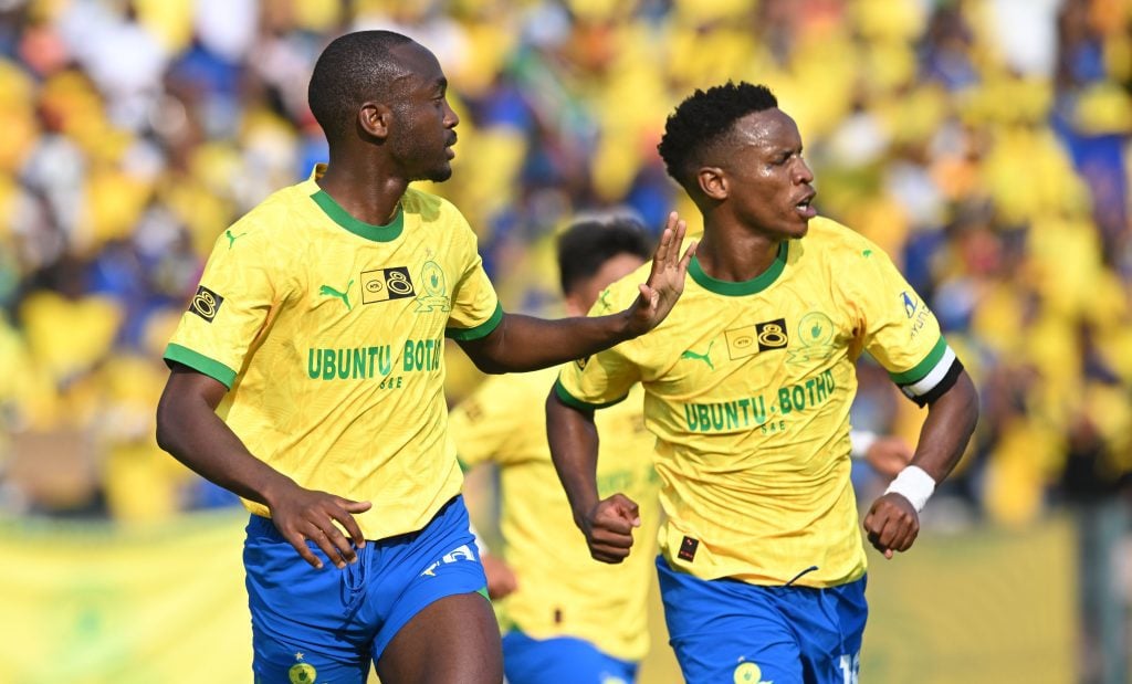 Peter Shalulile and Themba Zwane celebrate a goal against Kaizer Chiefs in the MTN8