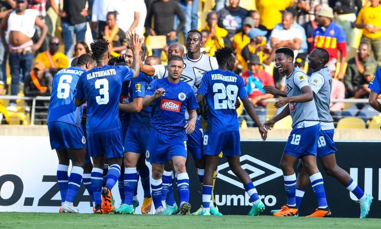 SuperSport United players celebrates during the DStv Premiership matc