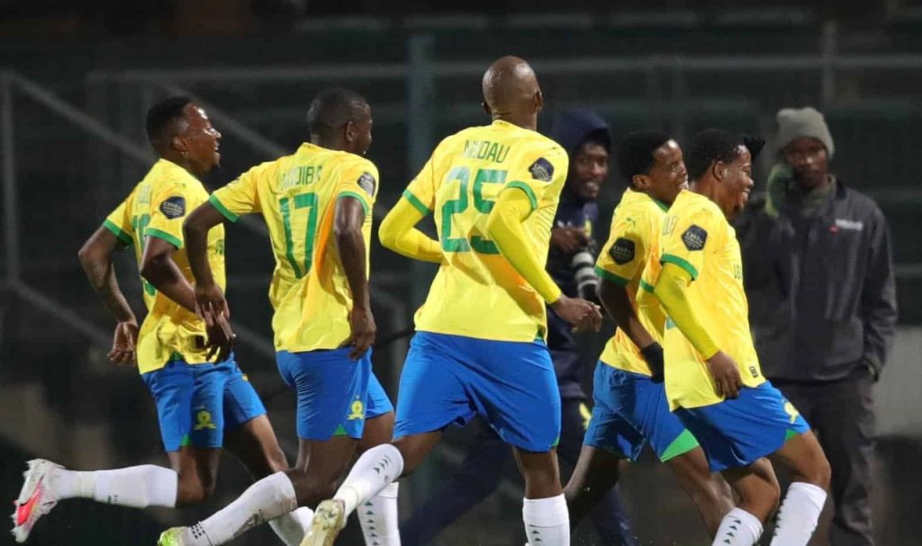 Sundows players celebrate a a goal in the league