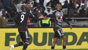 Zakhele Lepasa and Patrick Maswanganyi during a Orlando Pirates match