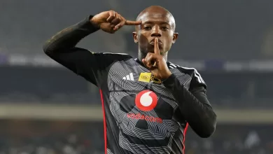 Zakhale Lepasa celebrating a goal scored for Orlando Pirates