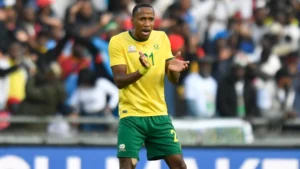 Bafana Bafana winger Mihlali Mayambela during a game