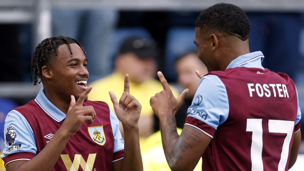 Lyle Foster in celebratory mood with his Burnley teammate.