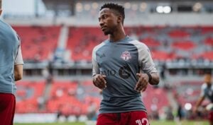 Cassius Mailula warming up ahead of a MLS match for Toronto FC