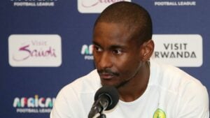 Mamelodi Sundowns mentor Rulani Mokwena addressing members of the media.