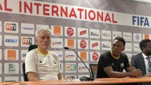 Bafana Bafana head coach Hugo Broos and striker Lebo Mothiba.