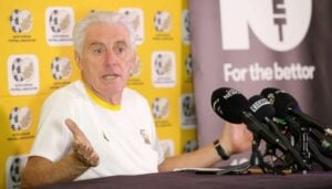 Hugo Broos addressing the media