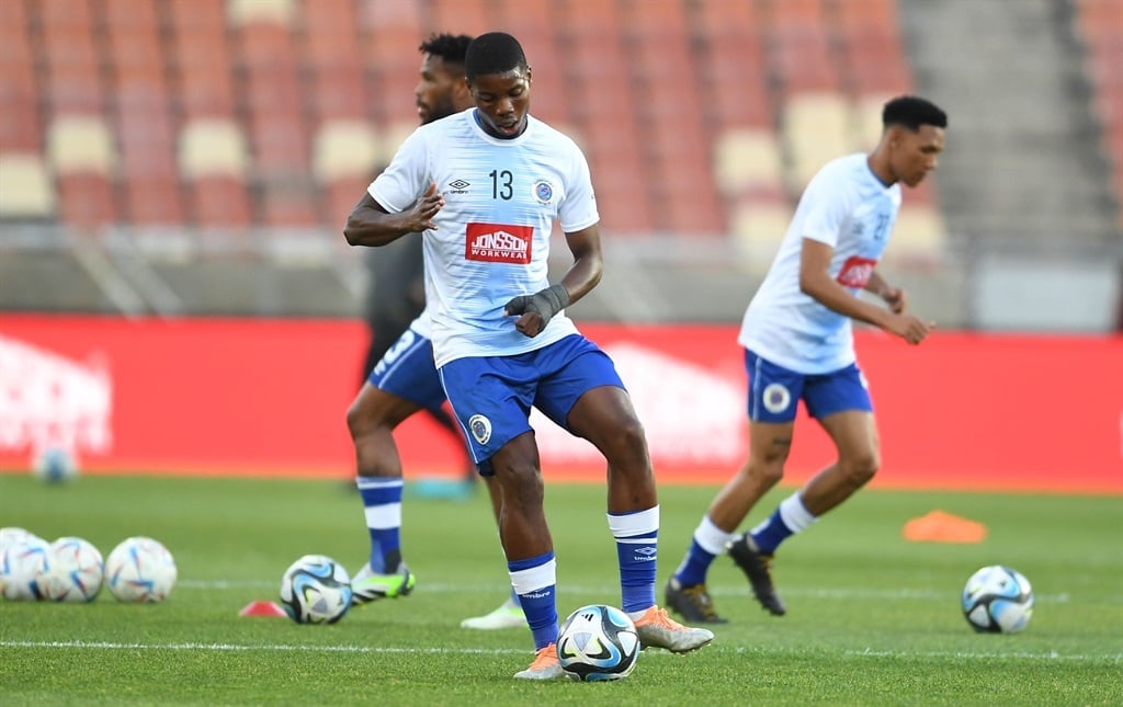 SuperSport United United defender Ime Okon during a warm-up session