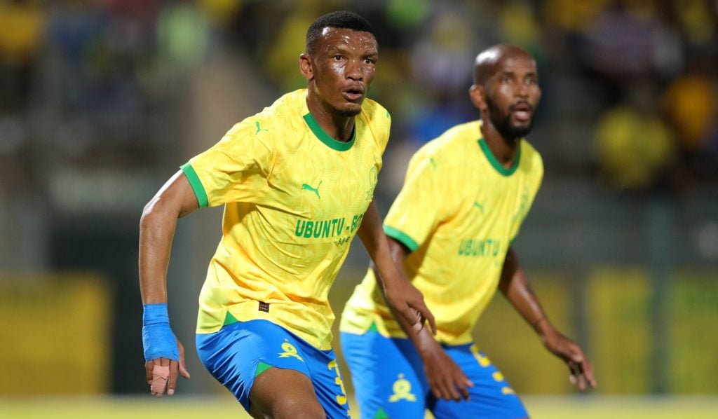 Mamelodi Sundowns players Mothobi Mvala and Musa Lebusa in action