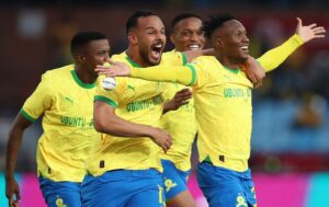 Mamelodi Sundowns players celebrate a goal against Al Ahly in AFL