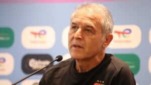 Al Ahly head coach Marcel Koller addressing members of the media.