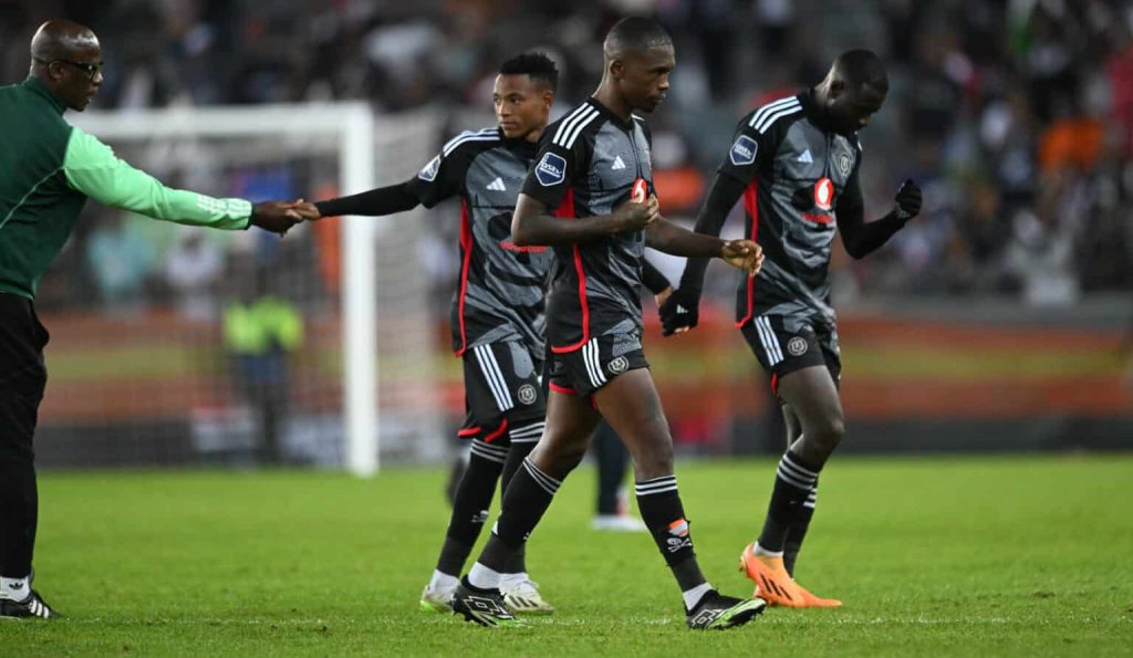 Orlando Pirates players including Relebohile Mofokeng dejected during the CAF Champions League 2023/24 match Jwaneng Galaxy at Orlando Stadium in Soweto 