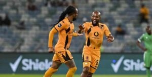 Sibongiseni Ox Mthethwa celebrating with his Kaizer Chiefs teammate