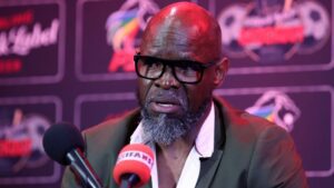 Moroka Swallows head coach Steve Komphela addressing the media.
