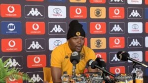 Kaizer Chiefs striker Ranga Chivaviro addressing the media.