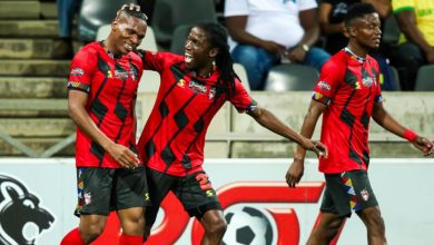 TS Galaxy players celebrate a goal in the Carling Knockout against Mamelodi Sundowns